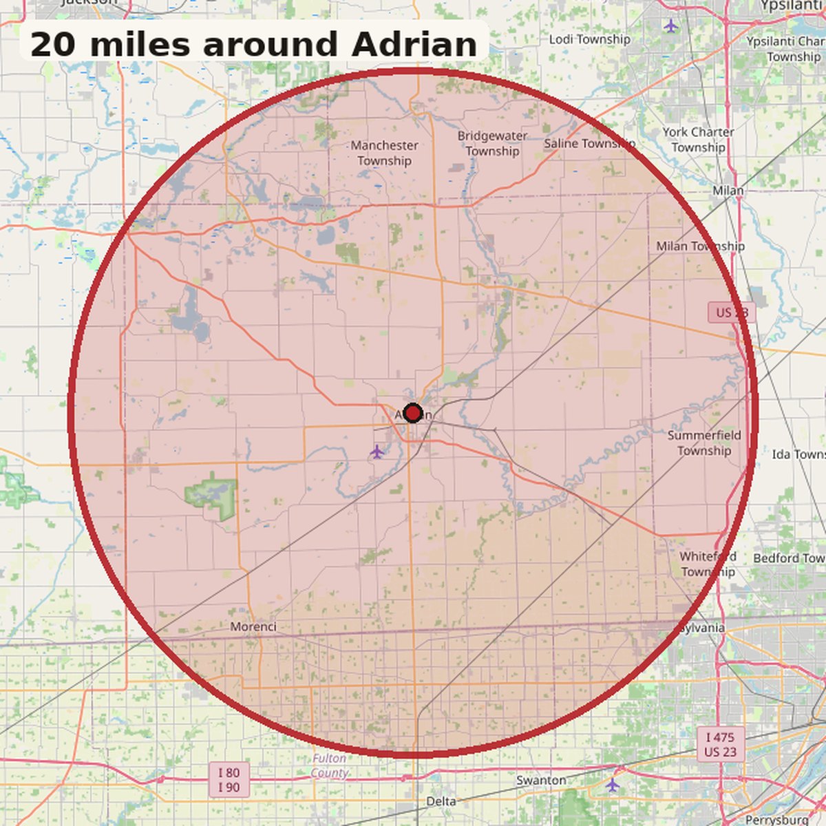 Map of a 20 mile radius around Adrian, Michigan.